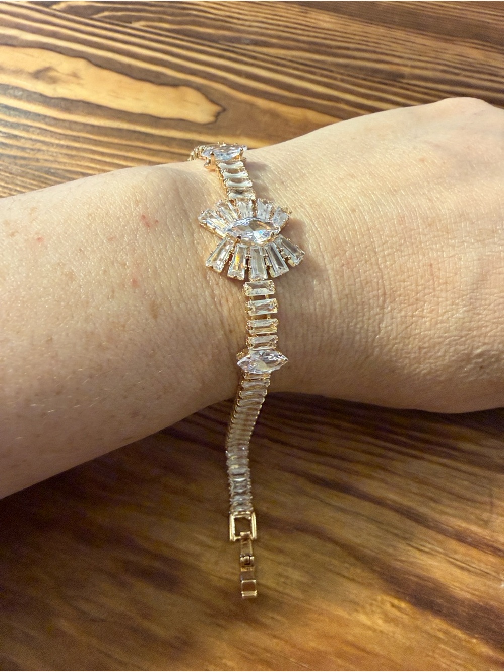 Gold Plated Crystal Clear Bracelet - Statement Tennis Bracelet - Picture 6 of 14
